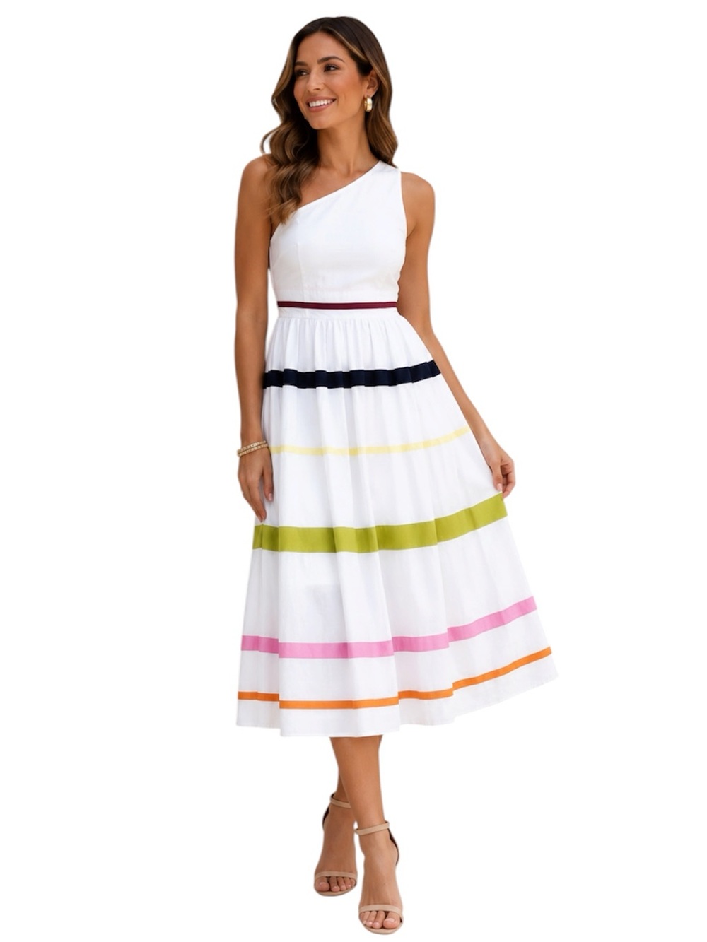 J Crew White Colorful Trim One Shoulder Stripped Midi Cotton Dress Size: 2